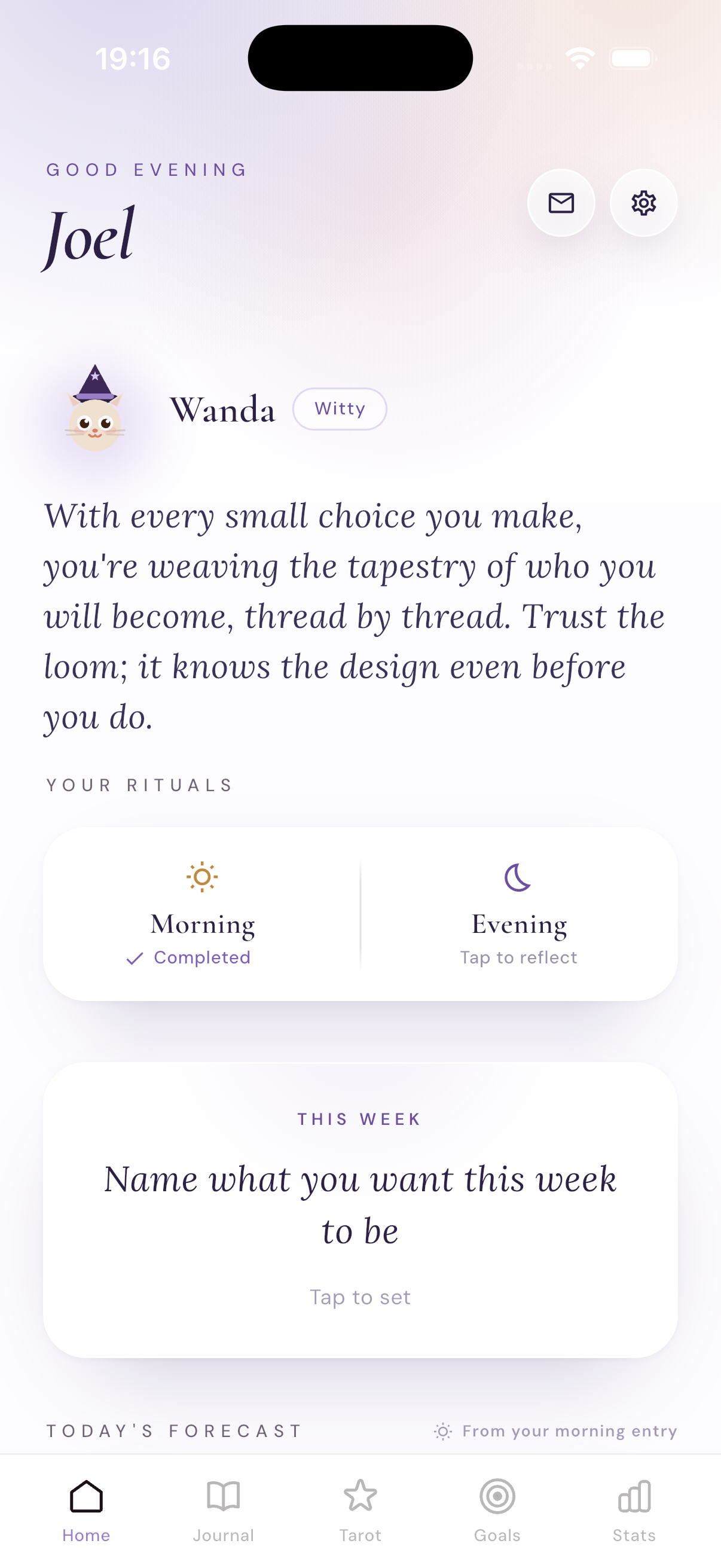 LUMINI home screen with Wanda and daily rituals